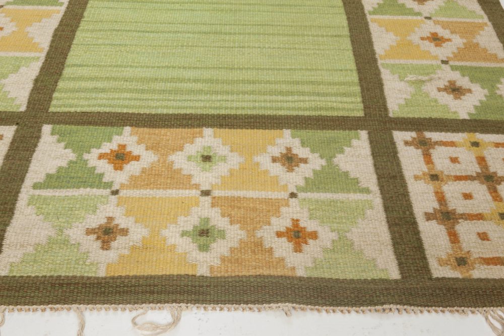 Mid-20th Century Geomatric Green, Yellow Swedish Flat-Weave Rug BB6572