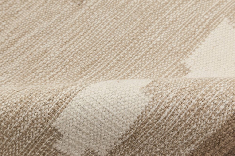 Vintage Swedish Geometric Off White, Brown, Baby Blue, Pink Flat-Weave Wool Rug BB6573