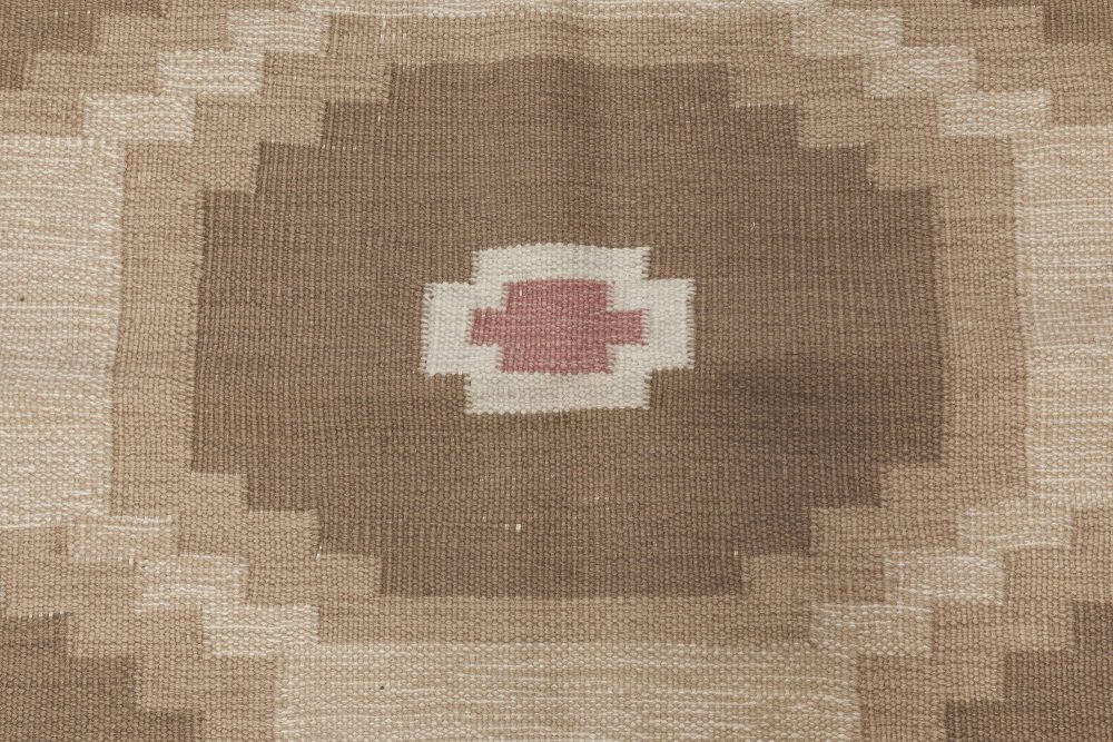 Vintage Swedish Geometric Off White, Brown, Baby Blue, Pink Flat-Weave Wool Rug BB6573