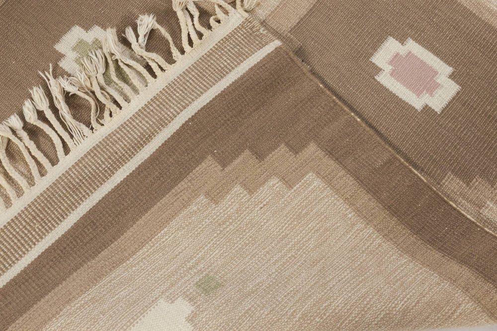Vintage Swedish Geometric Off White, Brown, Baby Blue, Pink Flat-Weave Wool Rug BB6573