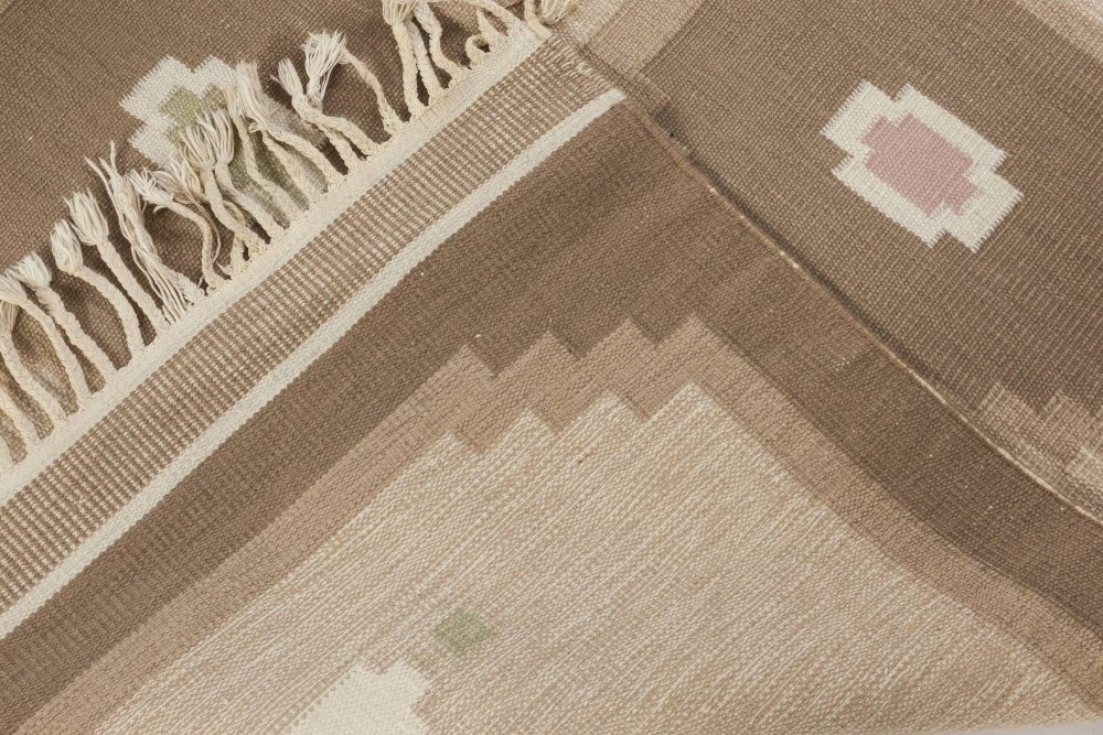 Vintage Swedish Geometric off White, Brown, Baby Blue, Pink Flat-Weave Wool Rug BB6573