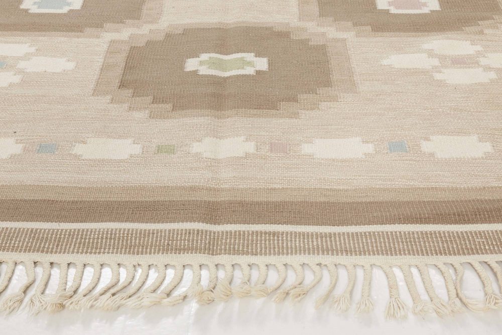 Vintage Swedish Geometric Off White, Brown, Baby Blue, Pink Flat-Weave Wool Rug BB6573