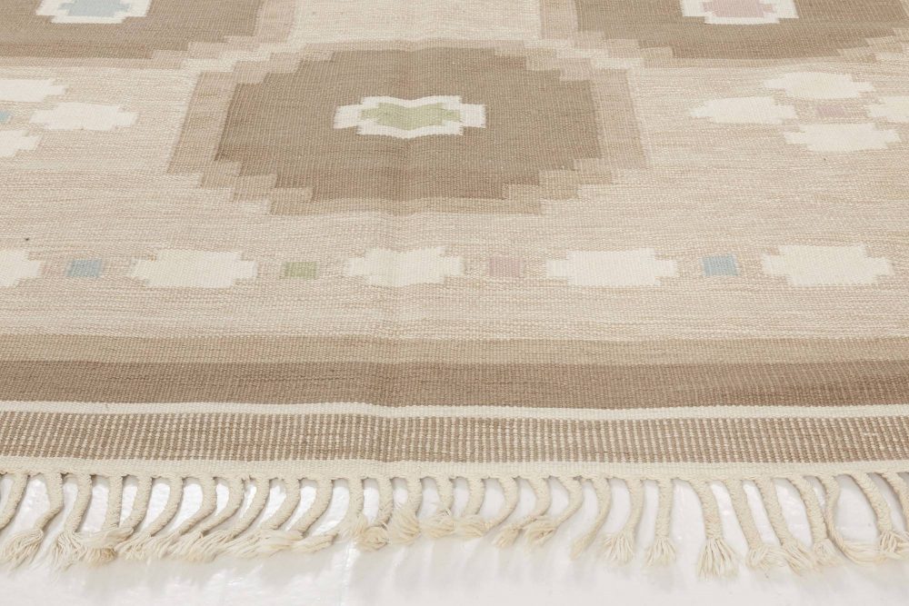 Vintage Swedish Geometric off White, Brown, Baby Blue, Pink Flat-Weave Wool Rug BB6573