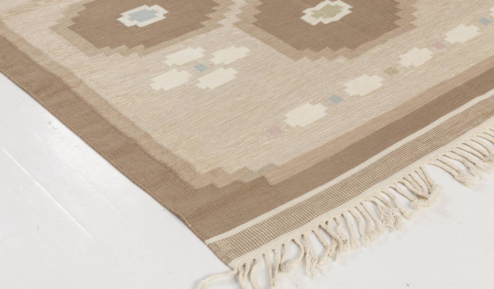 Vintage Swedish Geometric Off White, Brown, Baby Blue, Pink Flat-Weave Wool Rug BB6573