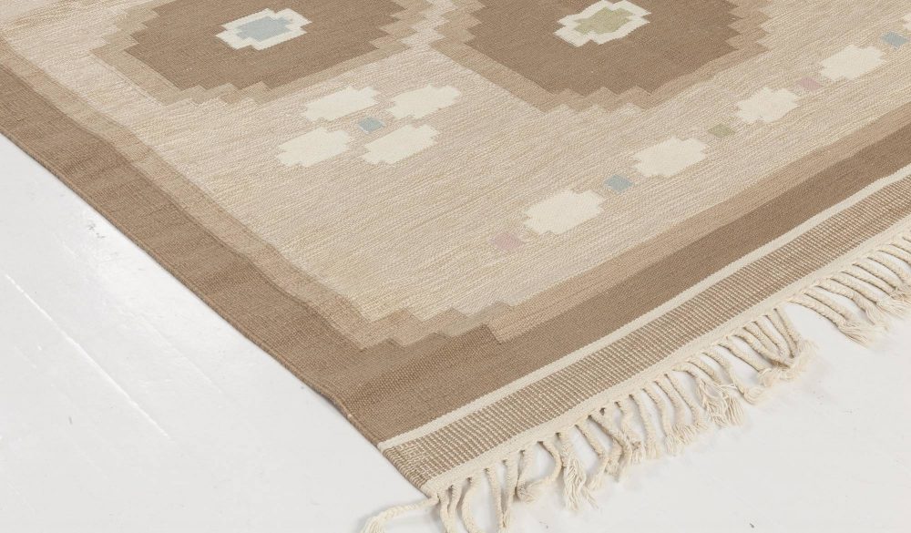 Vintage Swedish Geometric off White, Brown, Baby Blue, Pink Flat-Weave Wool Rug BB6573