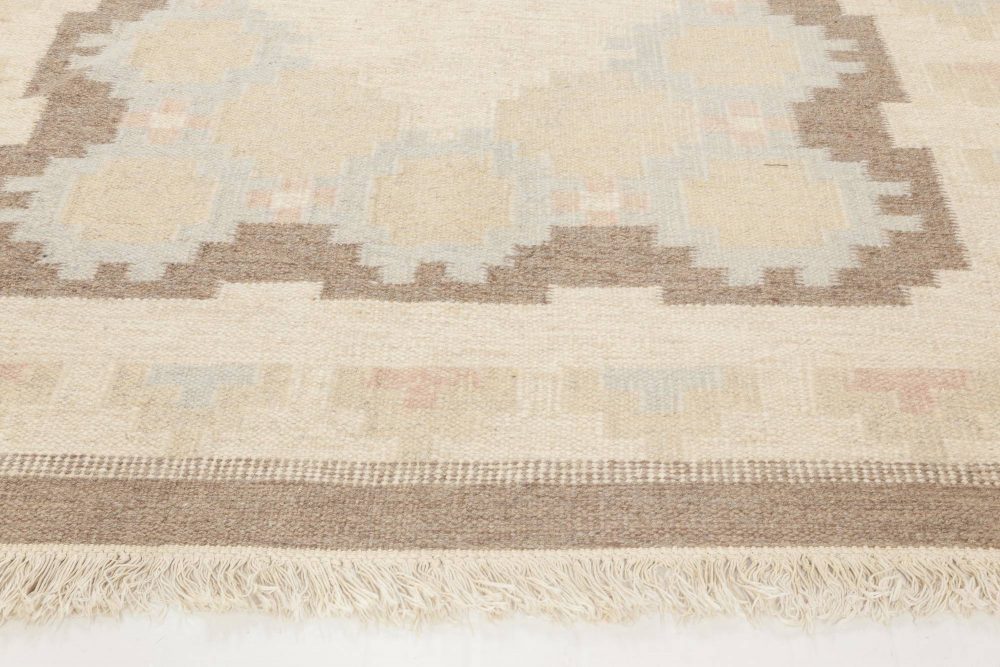 Mid-20th Century Swedish Beige, Brown and Blue Flat-Weave Wool Rug BB6576