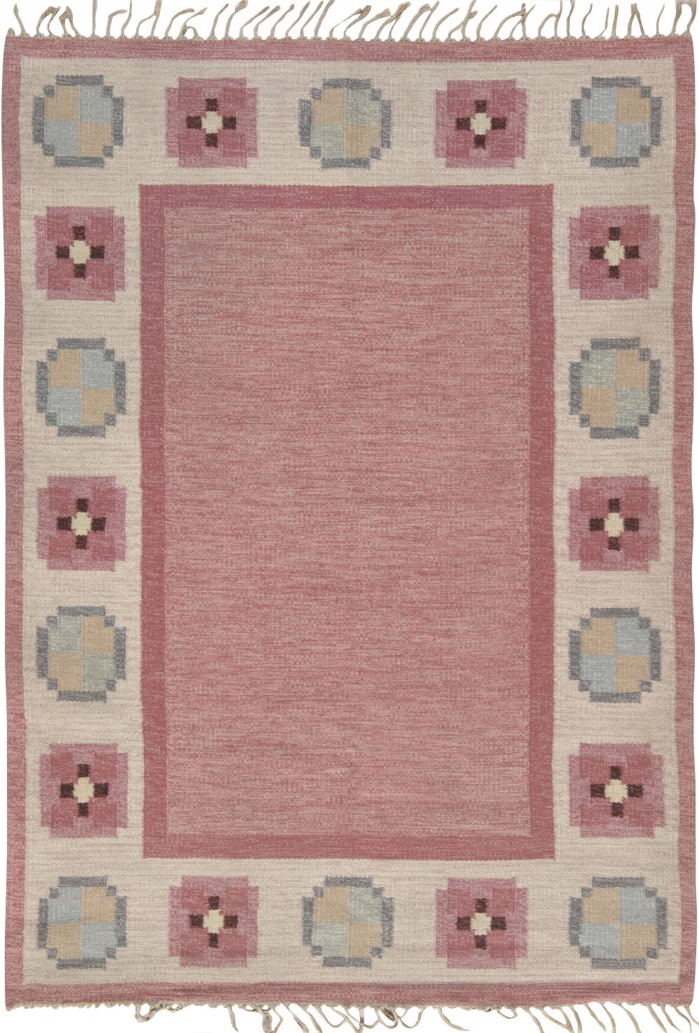 Midcentury Swedish Pink, Blue and Gray Flat-Weave Wool Rug BB6578