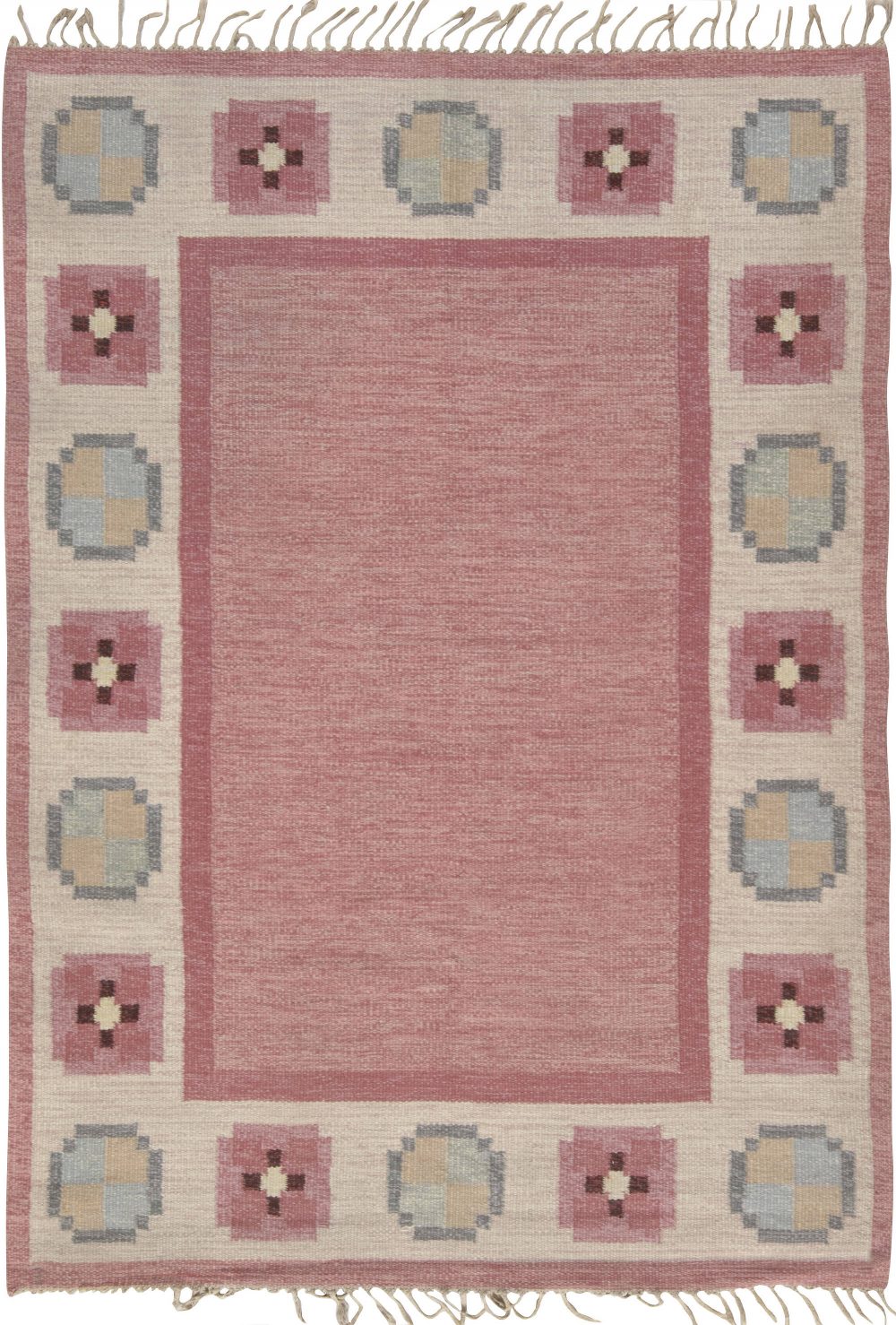 Midcentury Swedish Pink, Blue and Gray Flat-Weave Wool Rug BB6578