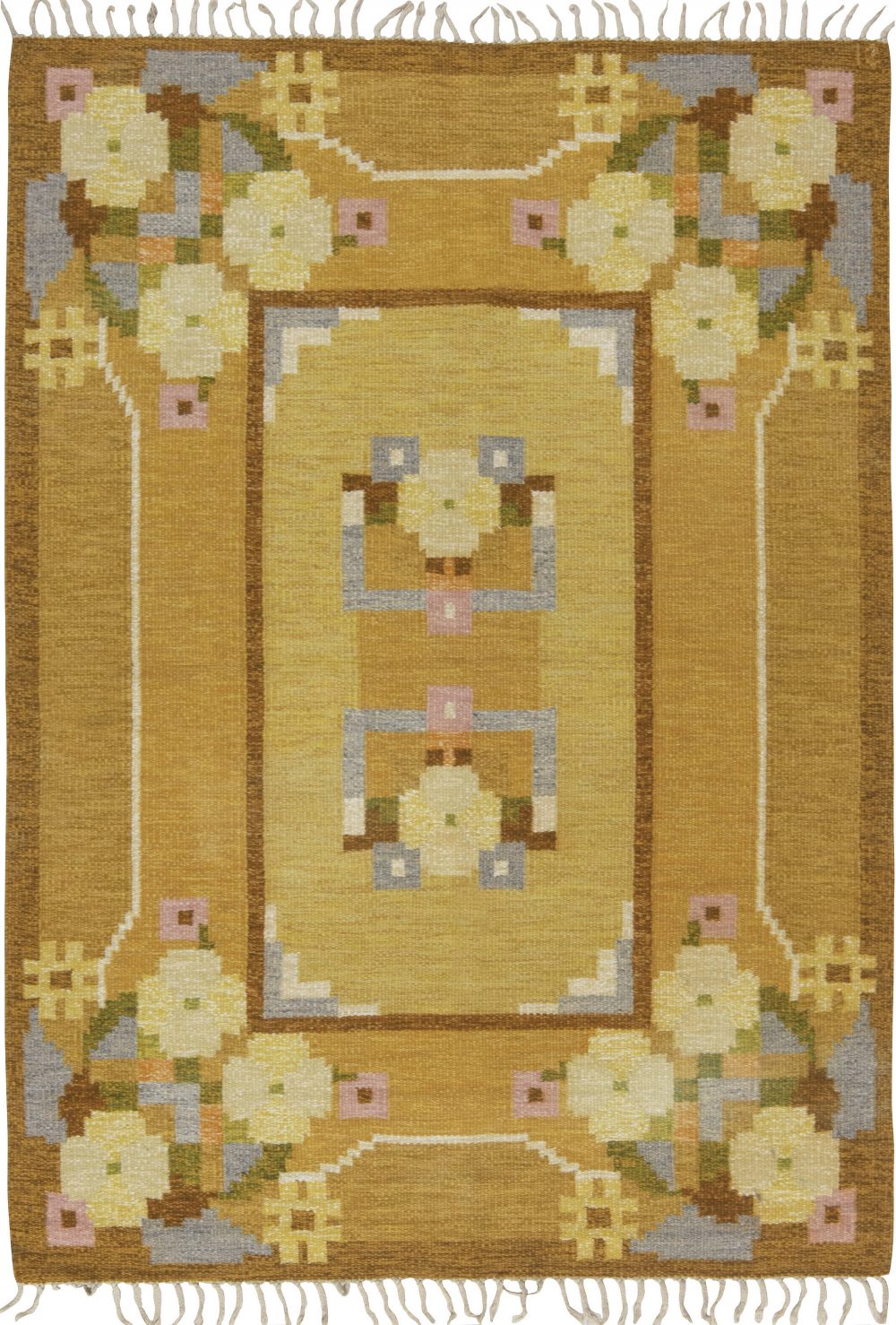 Mid-20th Century Swedish Yellow Flat-Weave Wool Rug Signed by Ingegerd Silow BB6579