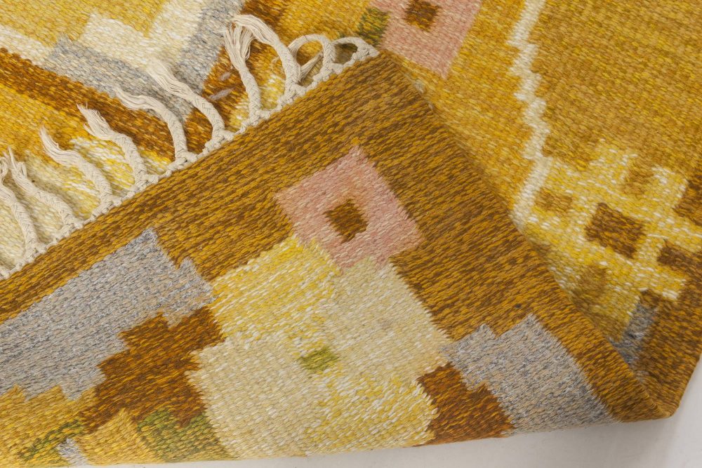 Mid-20th Century Swedish Yellow Flat-Weave Wool Rug Signed by Ingegerd Silow BB6579