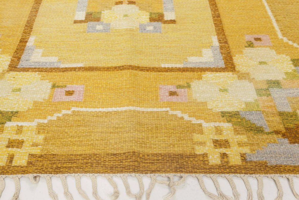 Mid-20th Century Swedish Yellow Flat-Weave Wool Rug Signed by Ingegerd Silow BB6579