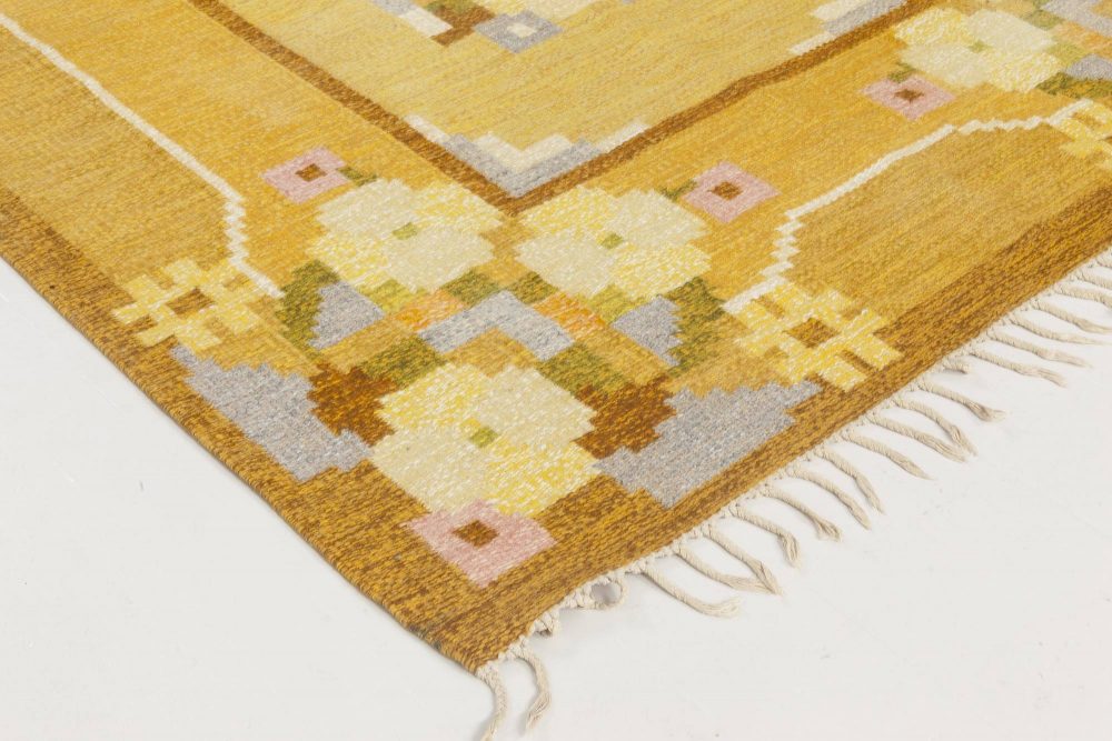 Mid-20th Century Swedish Yellow Flat-Weave Wool Rug Signed by Ingegerd Silow BB6579