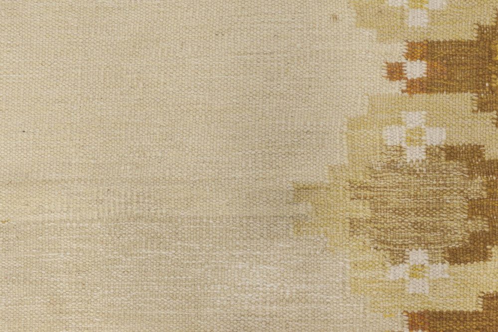 Midcentury Swedish Yellow, Beige and Brown Flat-Weave Rug BB6570