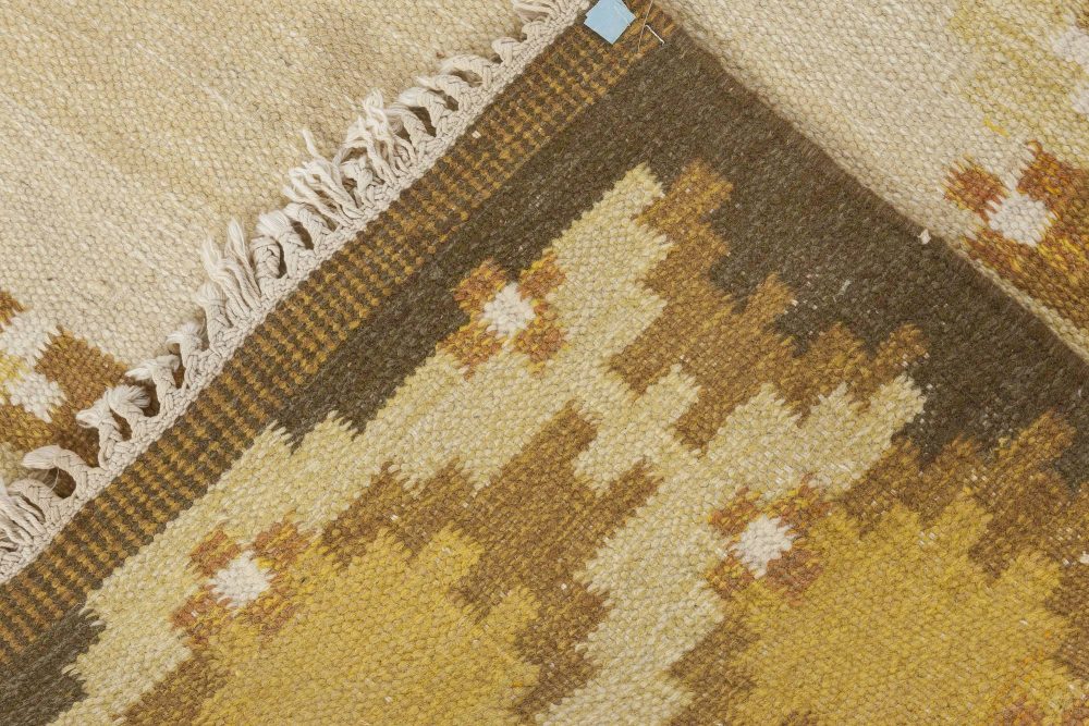 Midcentury Swedish Yellow, Beige and Brown Flat-Weave Rug BB6570