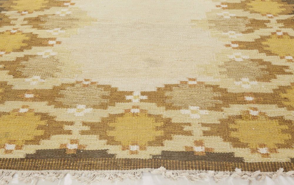 Midcentury Swedish Yellow, Beige and Brown Flat-Weave Rug BB6570