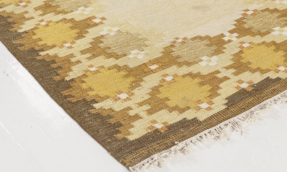 Midcentury Swedish Yellow, Beige and Brown Flat-Weave Rug BB6570