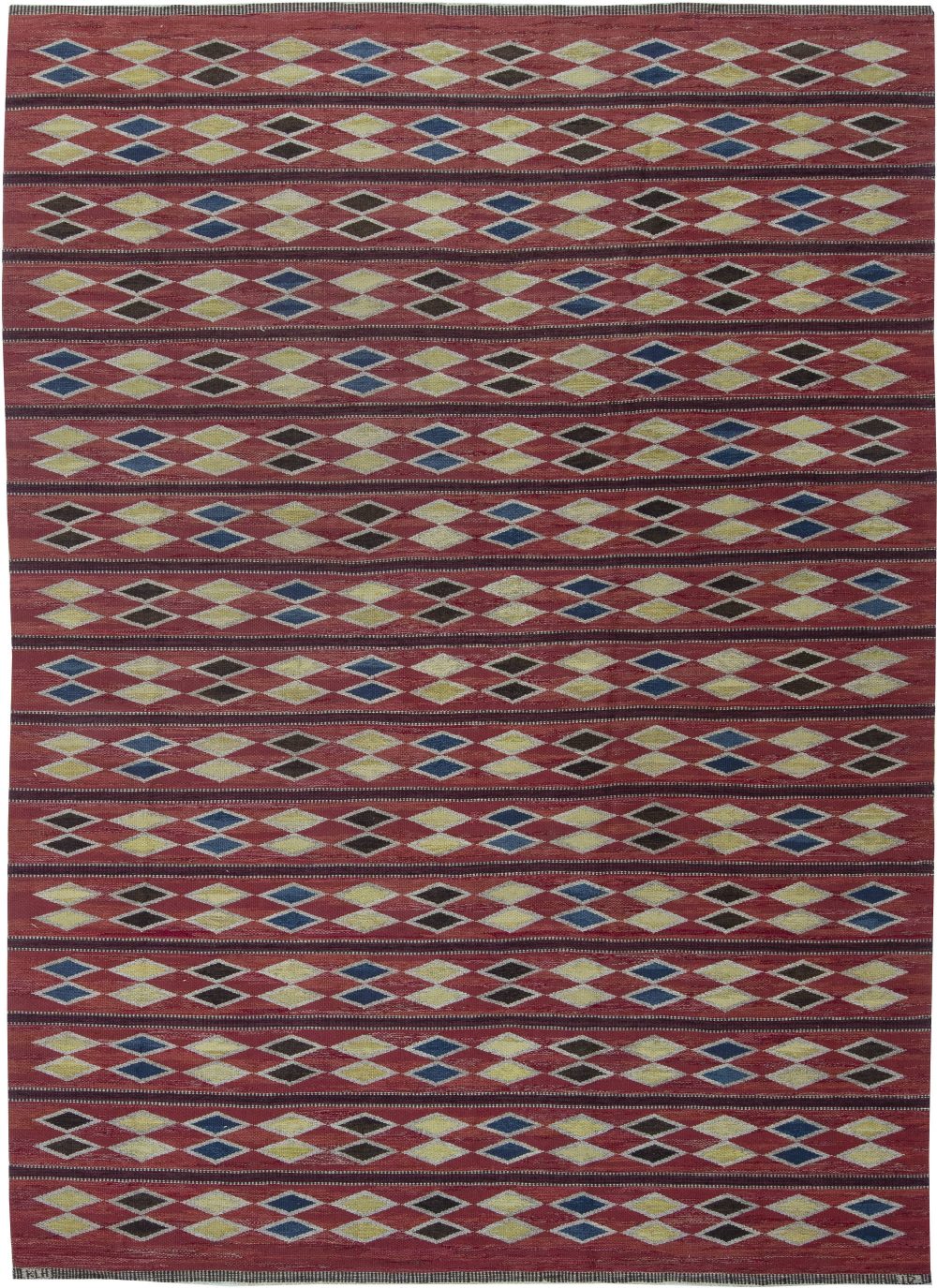 Mid-century Swedish Red Geometric Rölakan Rug by Irma Kronlund. Woven by Kronobergs Läns Hemslöjd BB6352