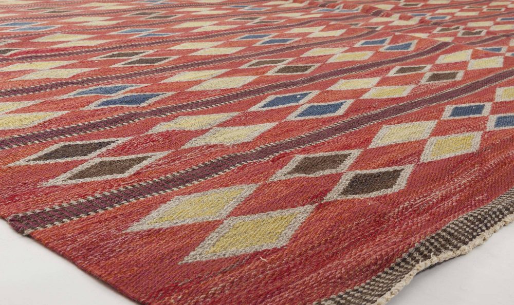 Mid-century Swedish Red Geometric Rölakan Rug by Irma Kronlund. Woven by Kronobergs Läns Hemslöjd BB6352