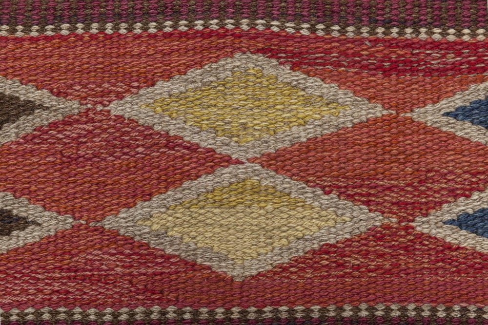 Mid-century Swedish Red Geometric Rölakan Rug by Irma Kronlund. Woven by Kronobergs Läns Hemslöjd BB6352