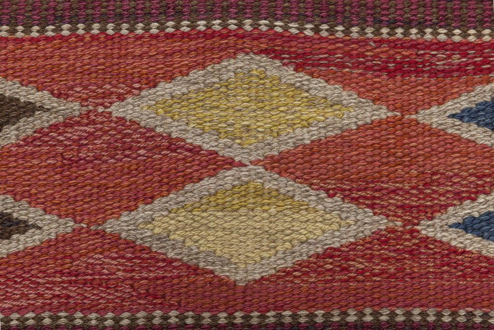 Mid-century Swedish Red Geometric Rölakan Rug by Irma Kronlund. Woven by Kronobergs Läns Hemslöjd BB6352