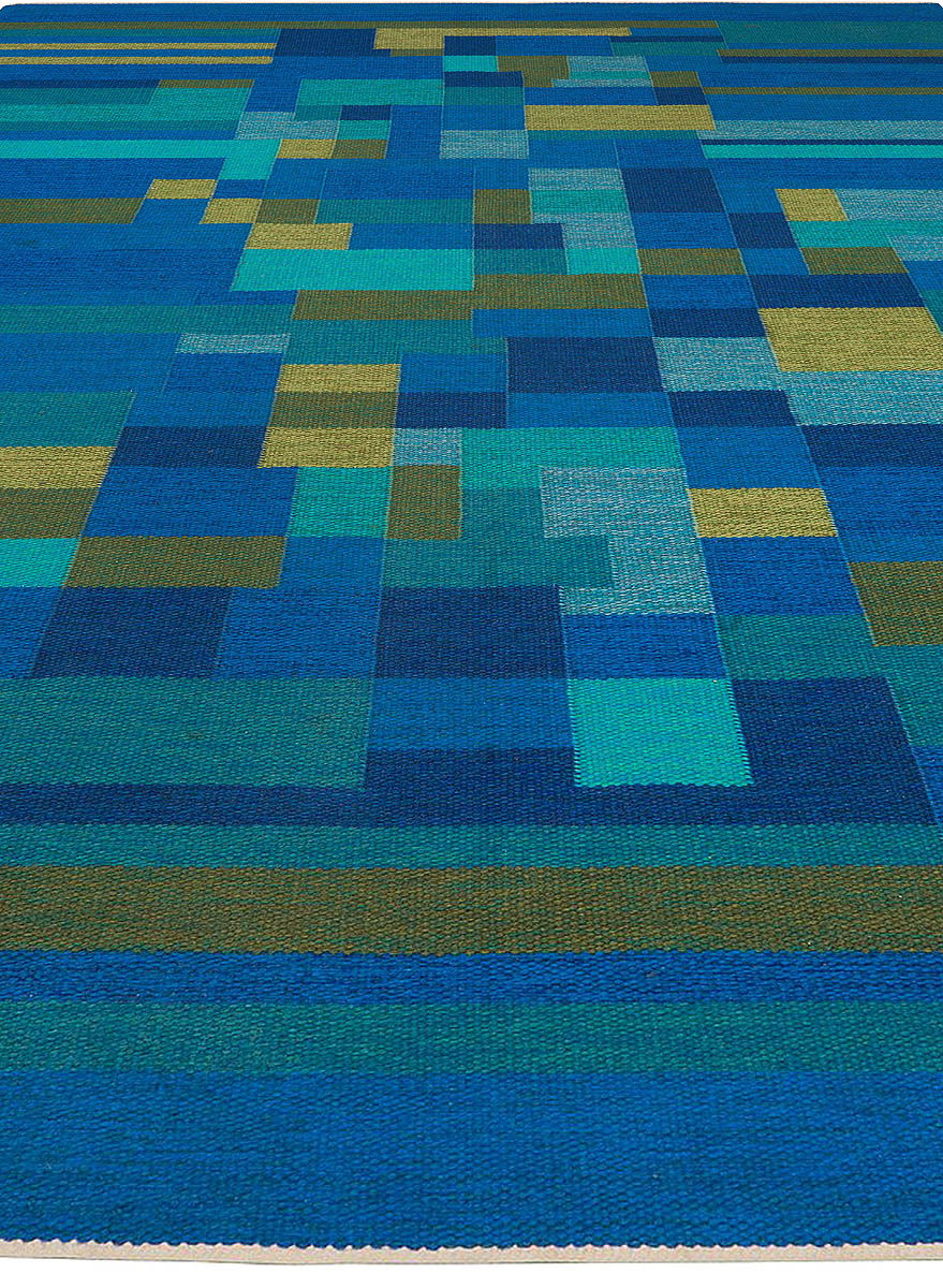 Mid-20th Century Swedish Geometric Green, Blue Flat-Weave Wool Rug Signed AB BB5383