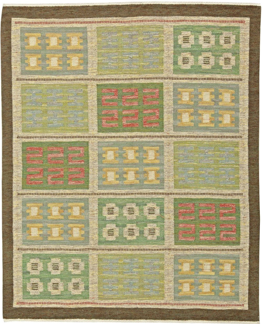 Swedish Green, Blue and Yellow Flat-Weave Wool Rug by Svensk Hemslöjd BB5820