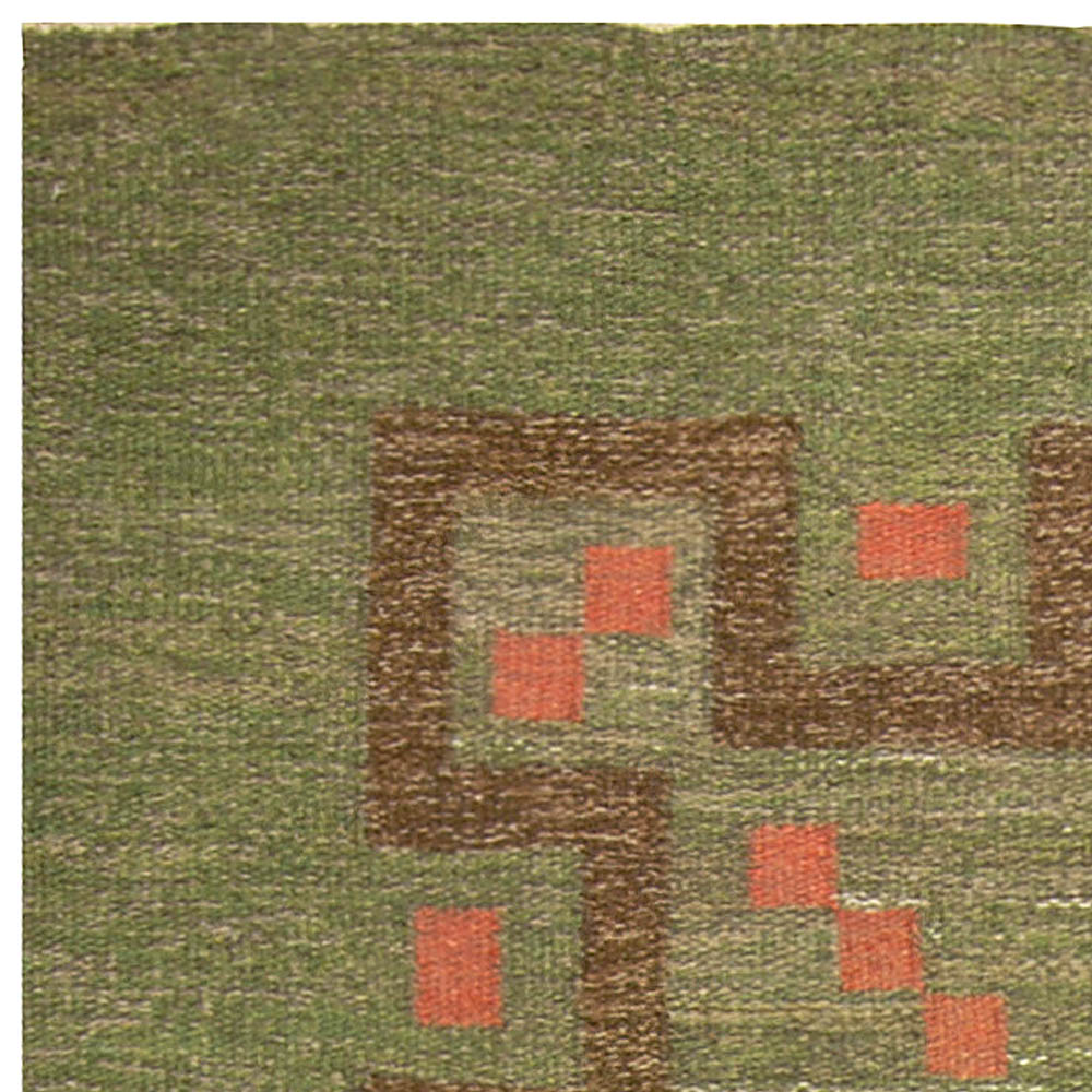 Mid-20th Century Swedish Green, Coral Red Handmade Wool Rug by Ellen Stahlbrand BB4943