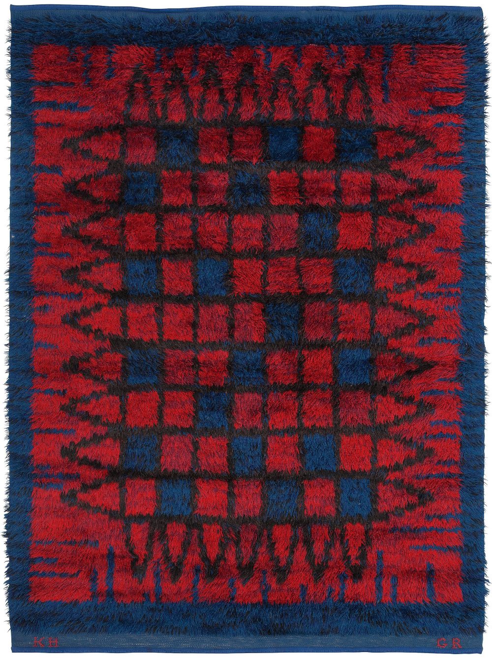 Mid-20th century Swedish Blue and Red Pile Rya Rug Signed “KH GR” BB5378