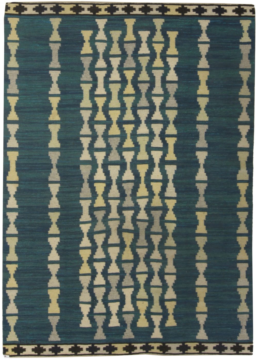 Swedish Handmade Rug in Blue, Light Yellow and Gray BB5300