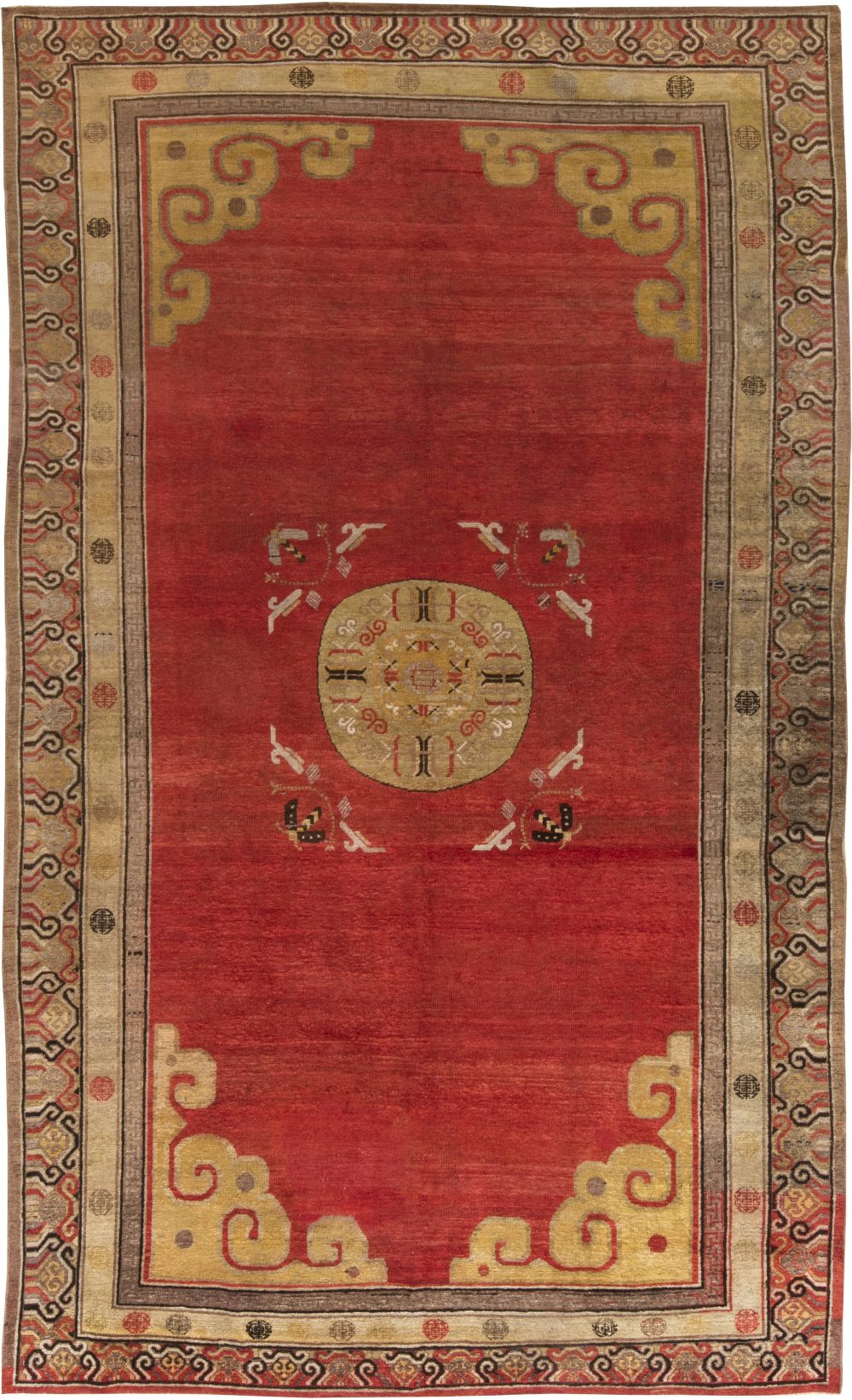Midcentury Samarkand Handmade Wool Rug in Red, Brown, Yellow, Mauve and Beige BB6461