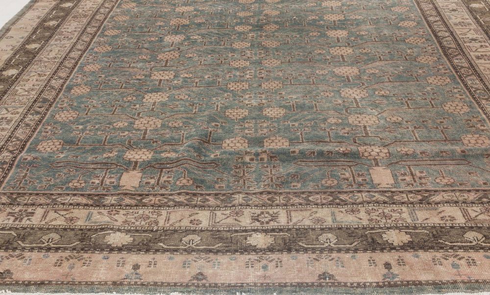 Mid-20th Century Samarkand Floral Deep Indigo and Brown Hand Knotted Wool Rug BB6448