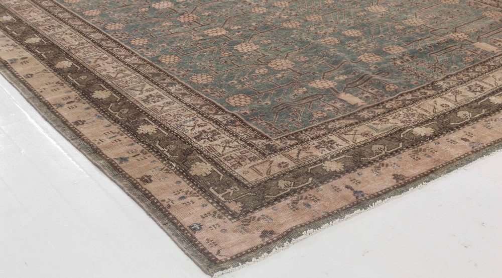 Mid-20th Century Samarkand Floral Deep Indigo and Brown Hand Knotted Wool Rug BB6448