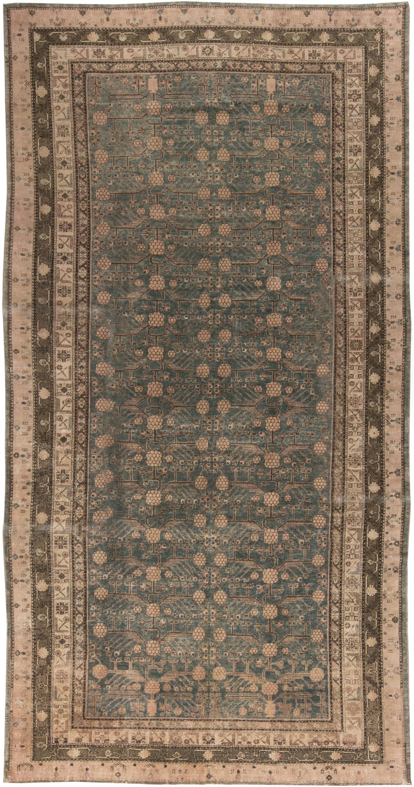 Mid-20th Century Samarkand Floral Deep Indigo and Brown Hand Knotted Wool Rug BB6448