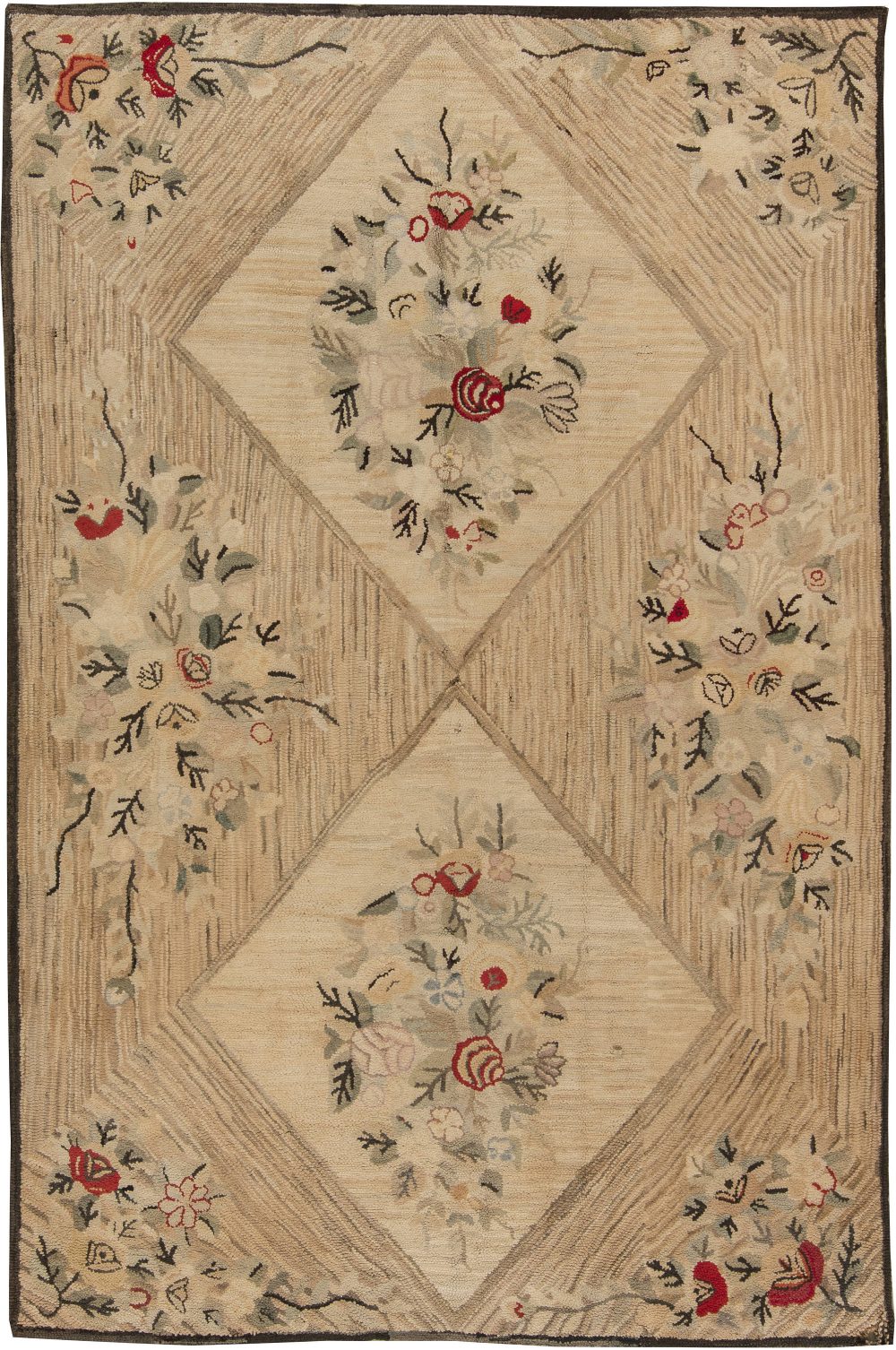 19th Century Hooked Beige and Red Handwoven Wool Rug BB3174