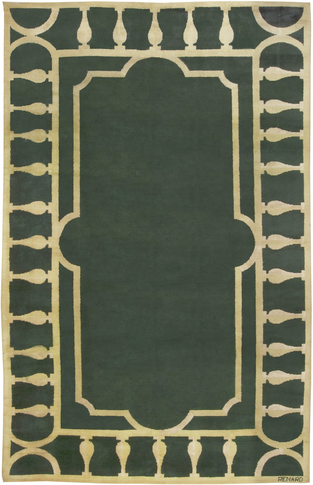 High-quality French Art Deco Green and Ivory Handmade Wool Rug BB5007