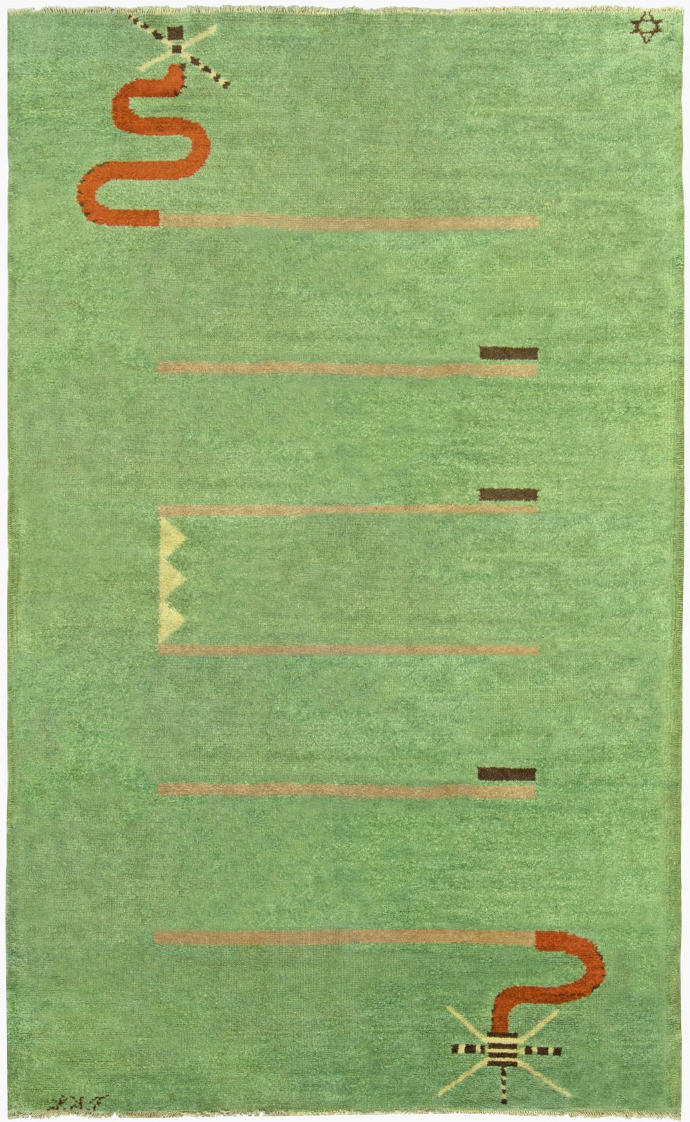Art Deco Green, Brown & Beige Geometric Hand Knotted Wool Rug BB5229