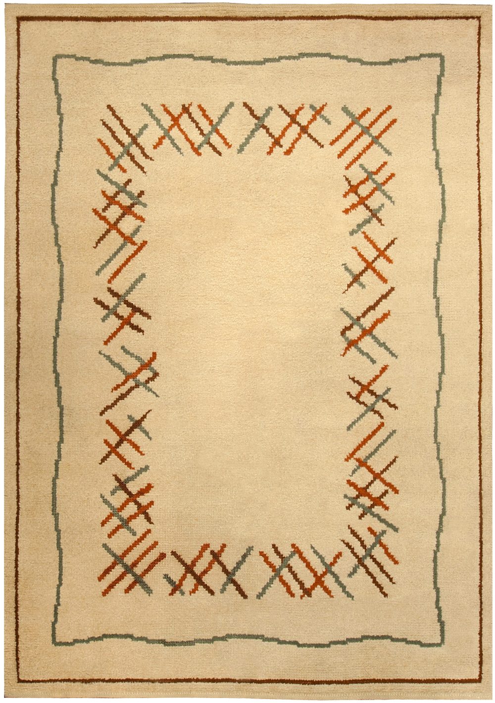 Vintage French Art Deco Ivory, Orange, Green Hand Knotted Wool Rug BB4917