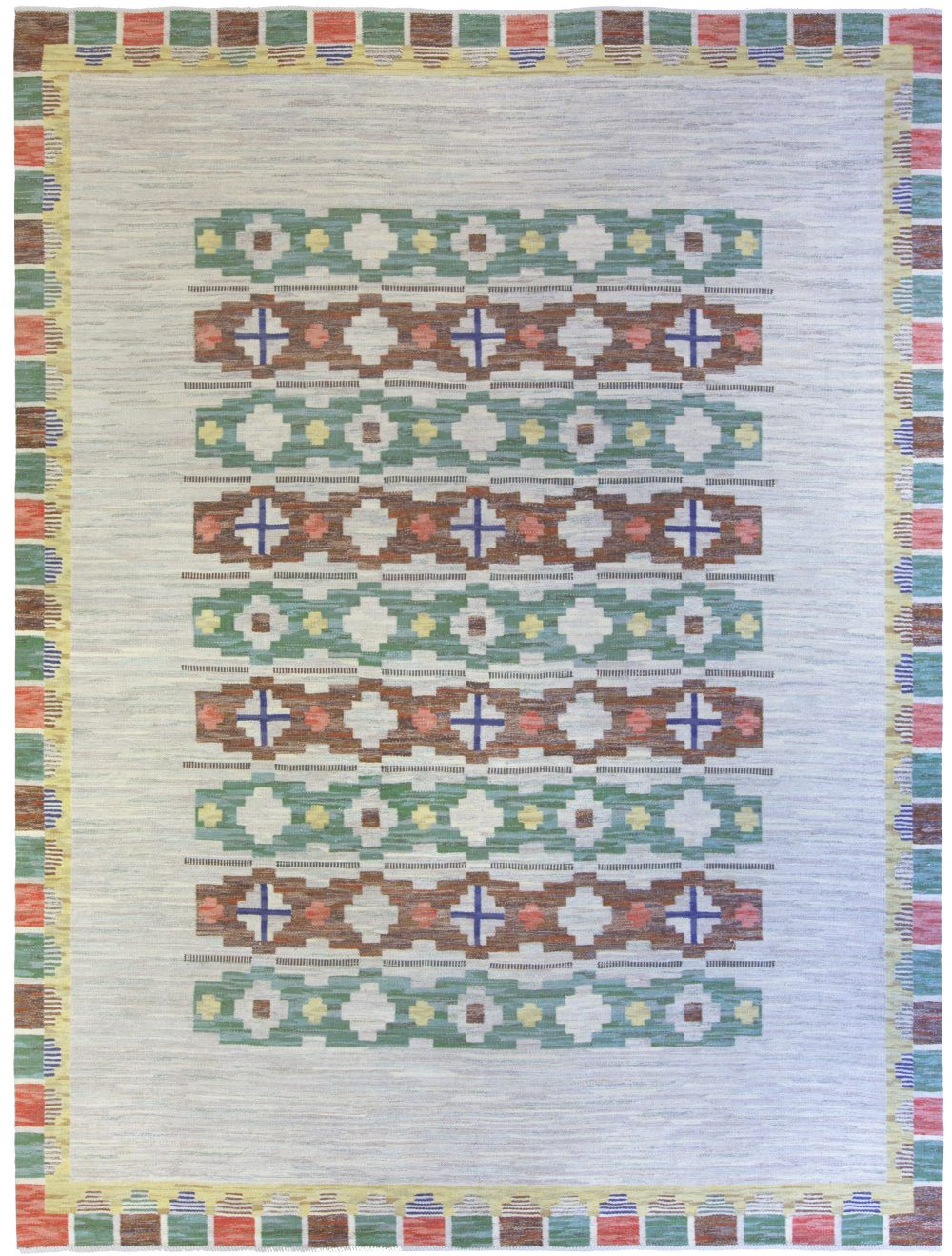 Midcentury Swedish Geometric Light Blue Flat-Woven Wool Rug BB5277