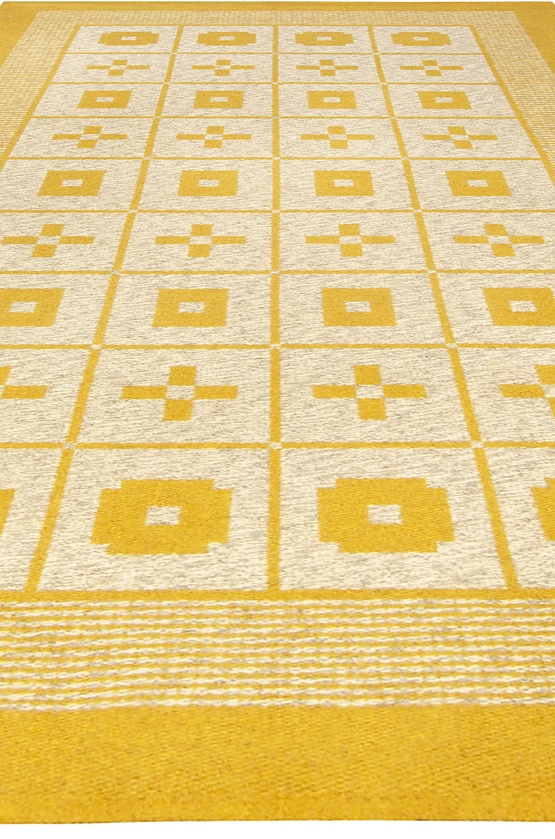 Mid-20th Century Reversible Geometric Mustard Yellow, Gray, Ivory Swedish Rug BB4982
