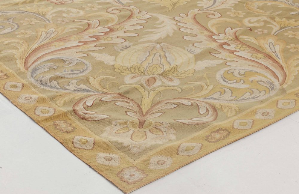 Vintage Aubusson Floral Brown Yellow Red Handmade Rug BB6434