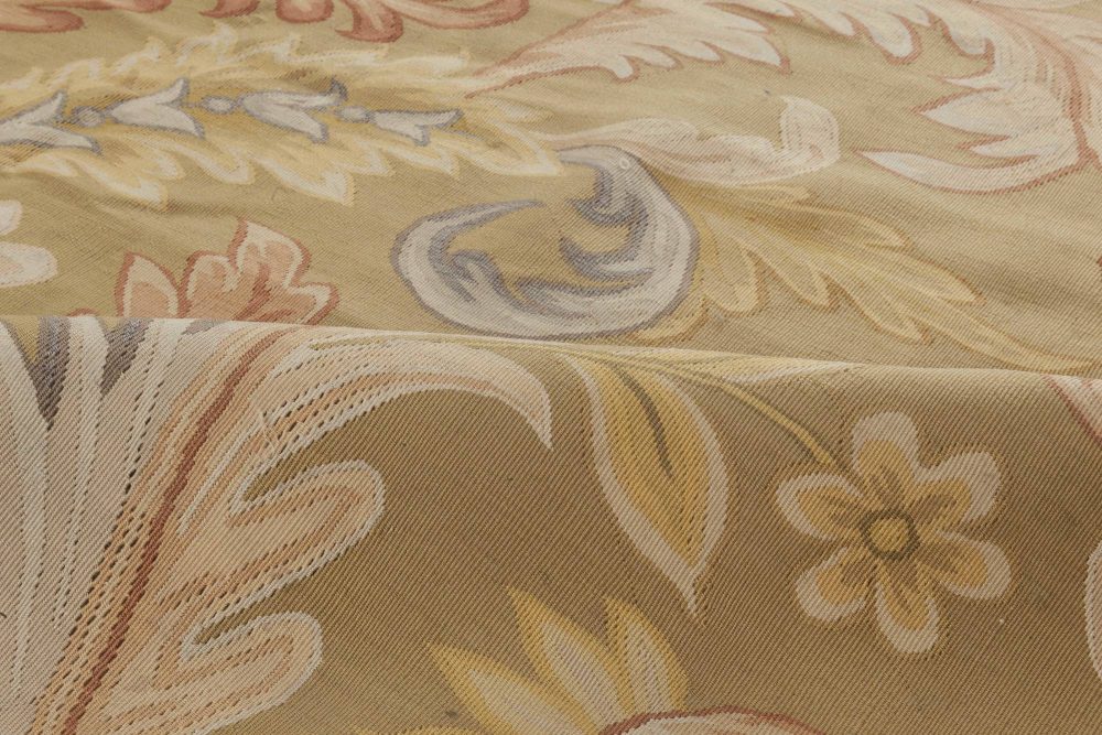 Vintage Aubusson Floral Brown Yellow Red Handmade Rug BB6434