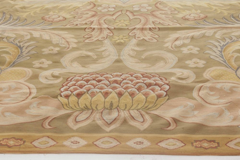 Vintage Aubusson Floral Brown Yellow Red Handmade Rug BB6434