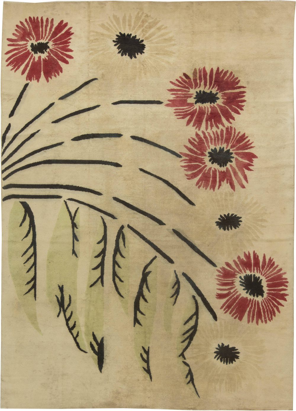 High-quality French Art Deco Floral Beige, Red, Black Handmade Wool Rug BB6437