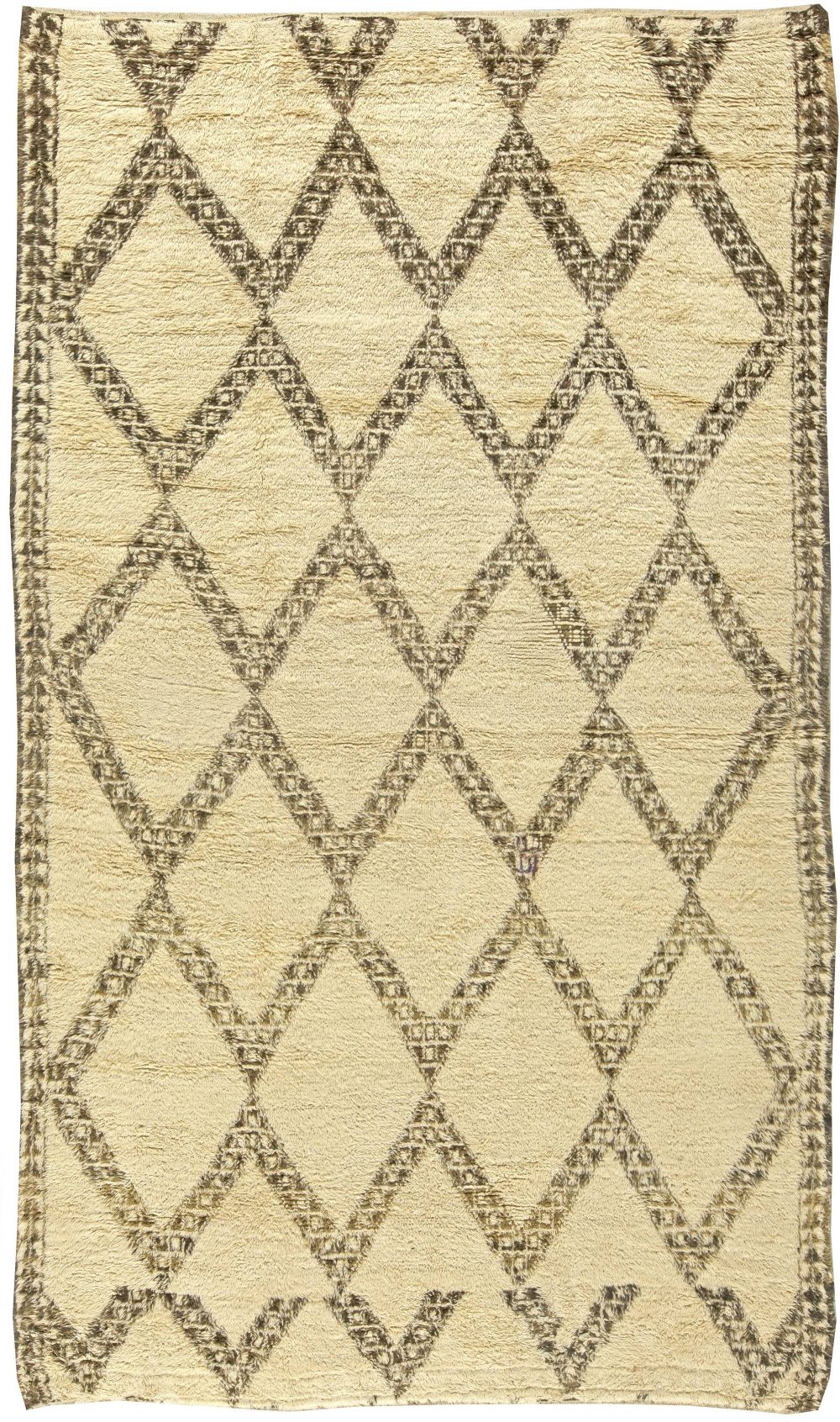 Vintage Tribal Diamond Motifs Ivory, Brown Moroccan Handmade Wool Rug BB5911