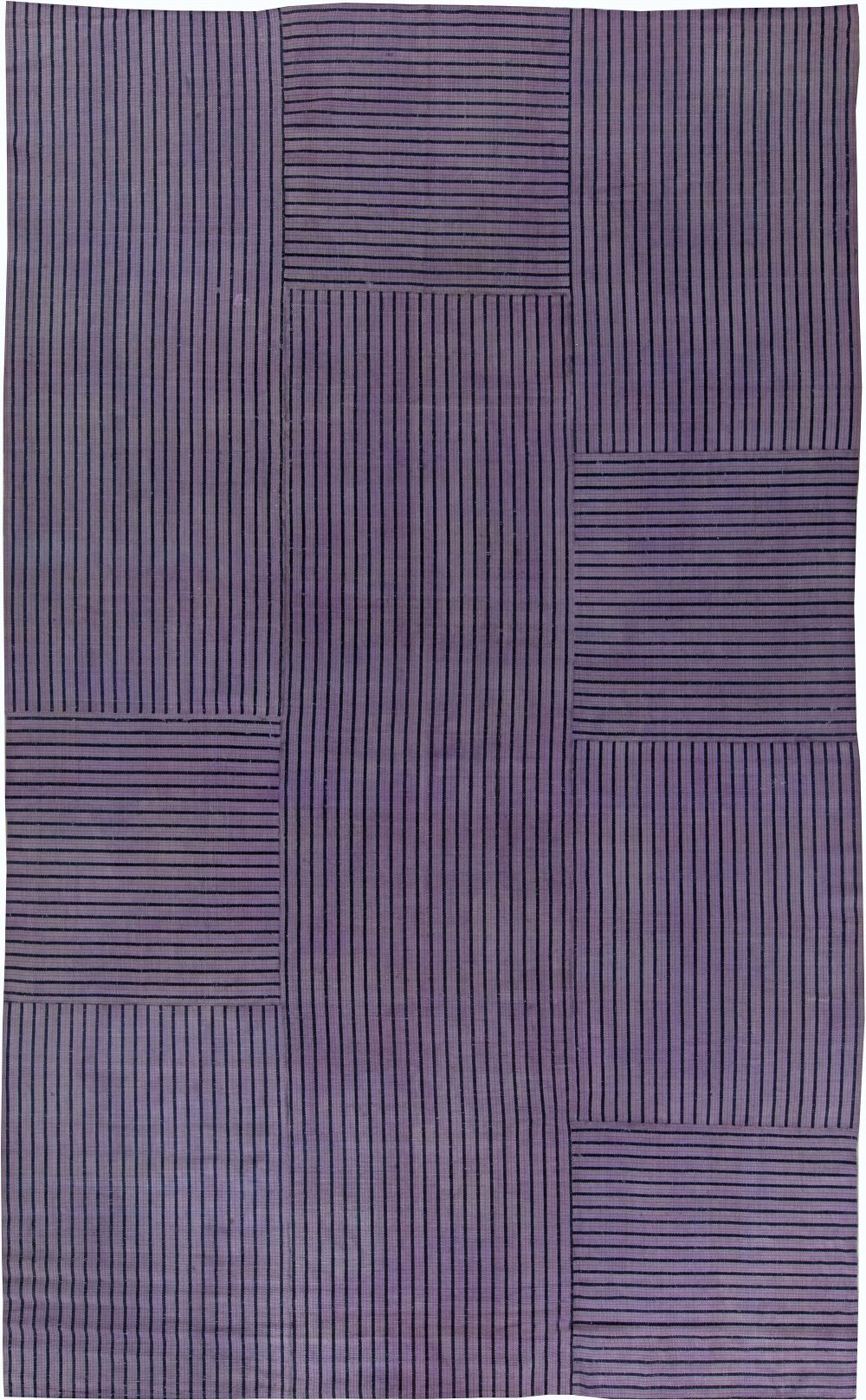 Midcentury Striped Purple Handwoven Wool Rag Rug BB6184
