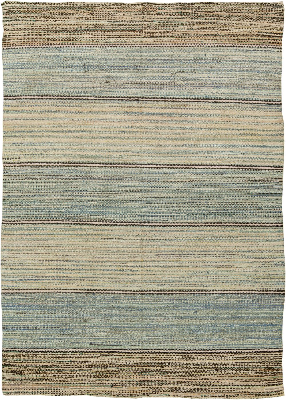 Midcentury American Striped Blue and Beige Wool Rag Rug BB6147