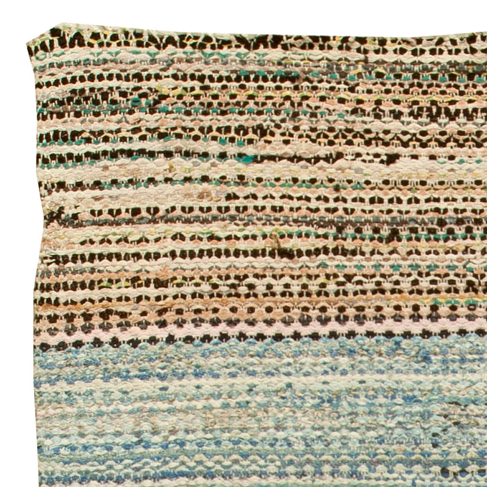 Midcentury American Striped Blue and Beige Wool Rag Rug BB6147