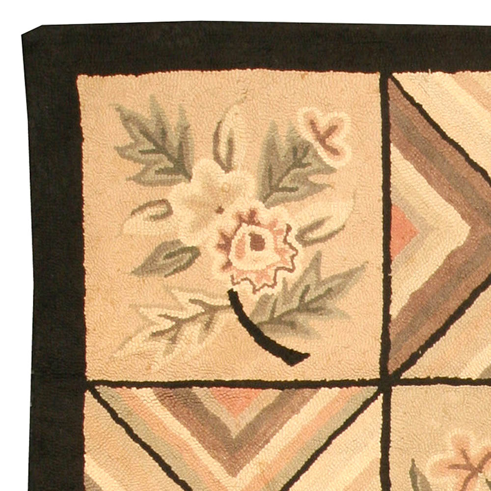 Mid-20th century Beige, Brown, Black Wool Handmade Hooked Rug BB4339