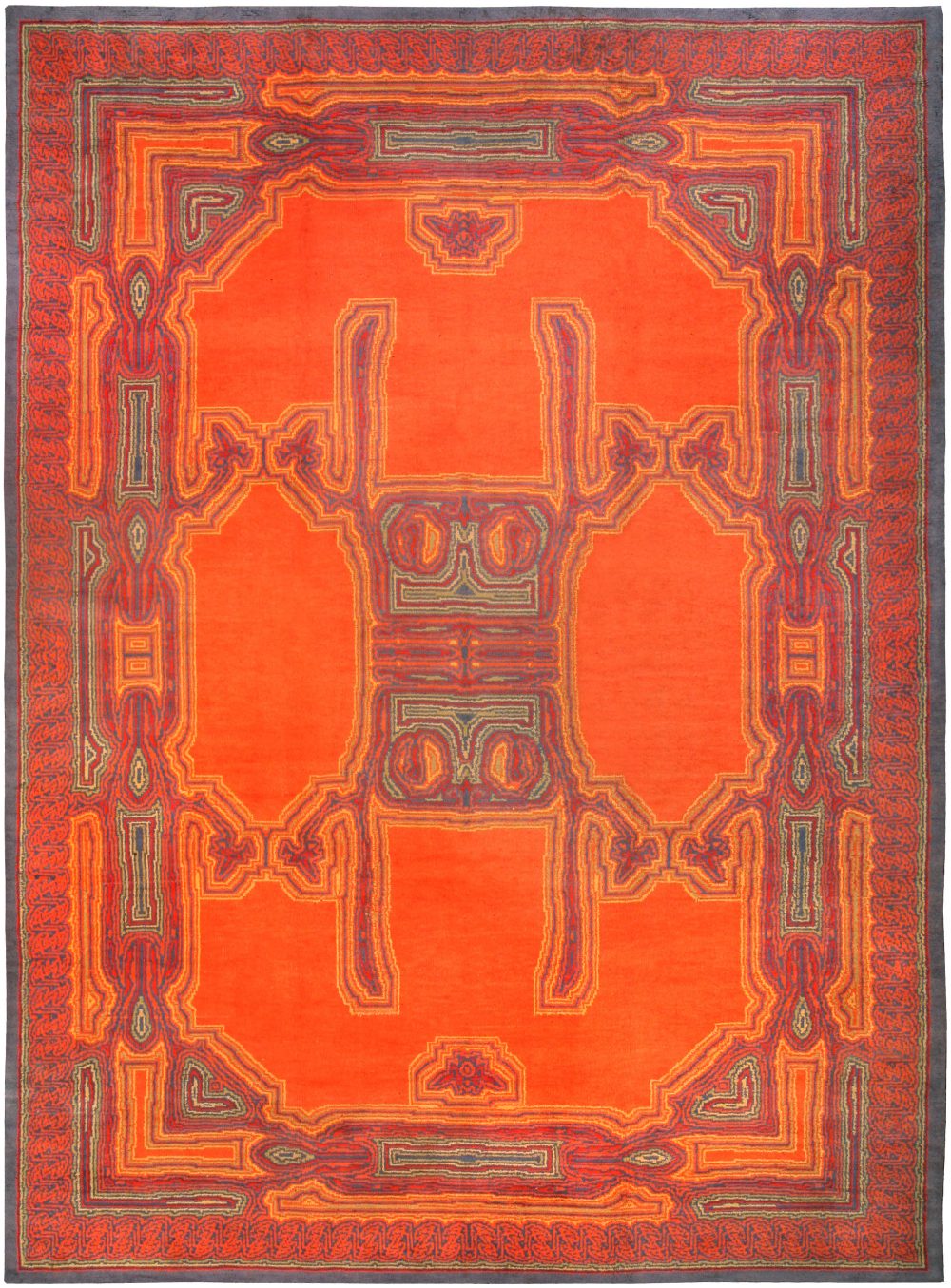 Vintage Viennese Orange Red Yellow Handmade Wool Rug BB2745