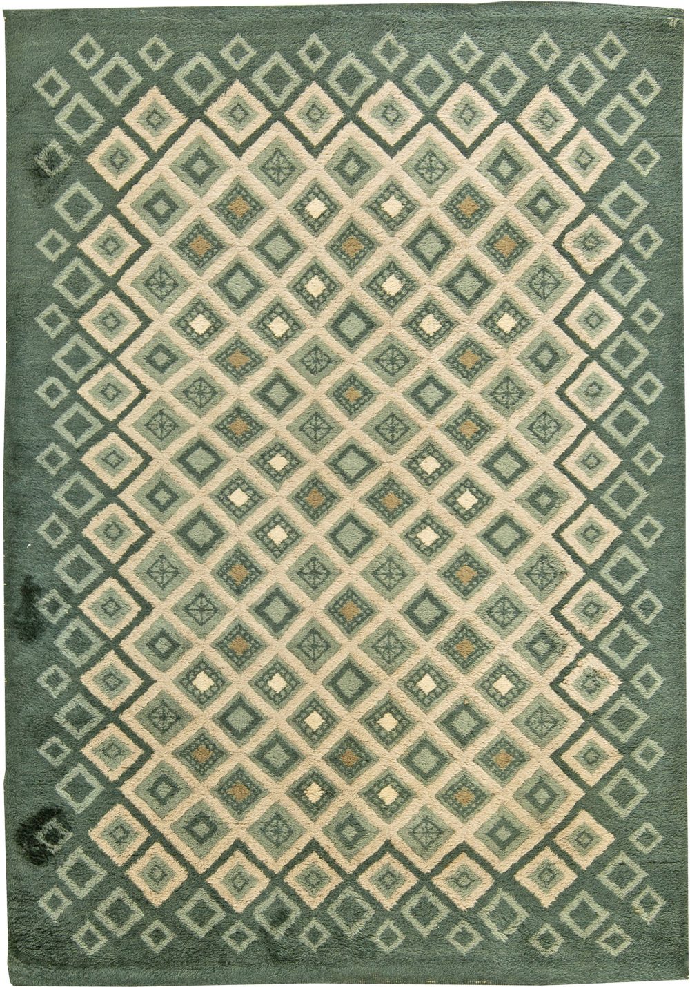French Art Deco Green and White Handwoven Wool Rug by Paule Leleu BB6038